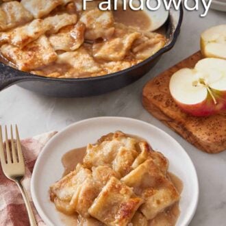 Pinterest graphic of a plate with a serving of apple pandowdy with a skillet in the background containing the rest with a serving spoon.