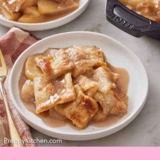 Pinterest graphic of two plates of apple pandowdy with a skillet on the side.