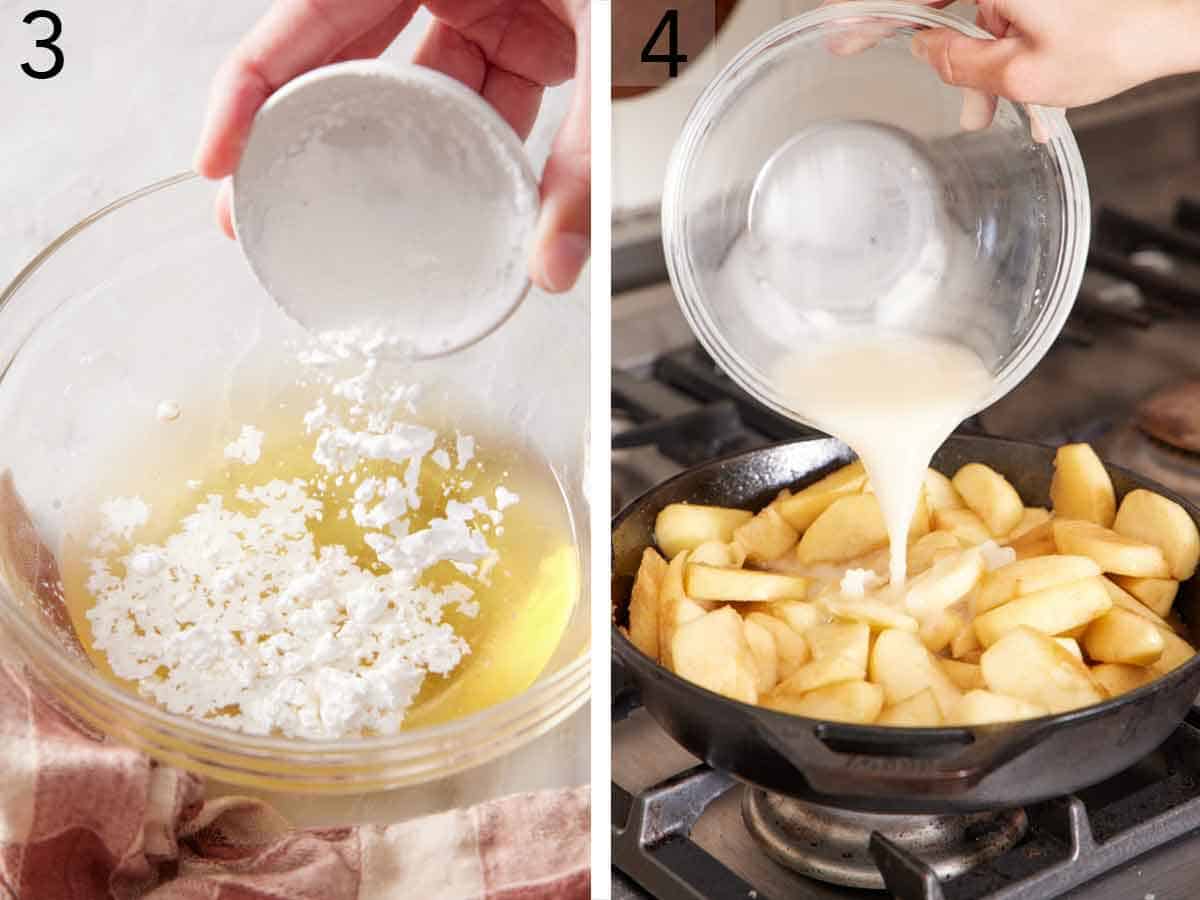 Set of two photos showing cornstarch added to apple juice and the added to the skillet.