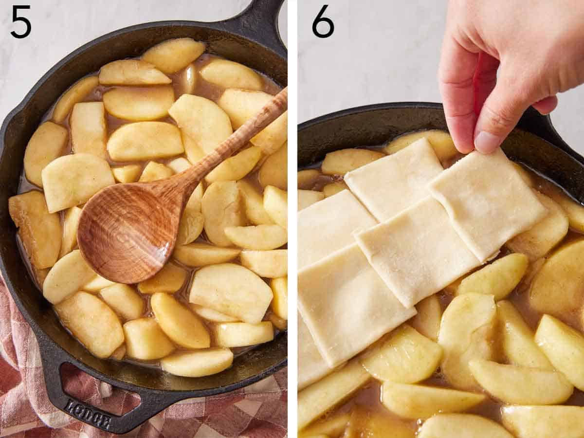 Set of two photos showing apples pressed down and cut pie crust placed on top.