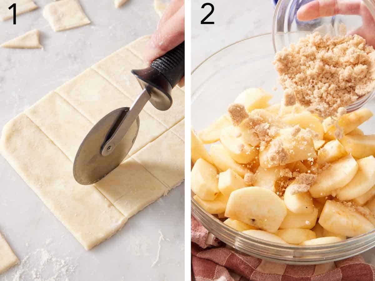 Set of two photos showing pie crust cut and sugar added to a bowl of cut apples.