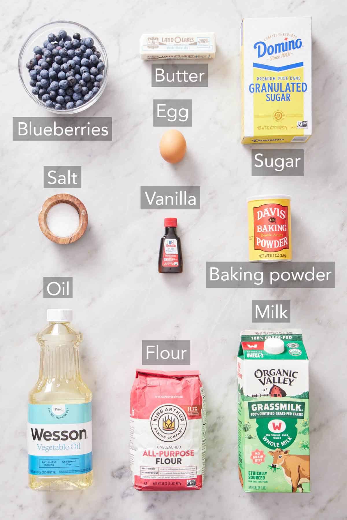 Ingredients needed to make blueberry bread.