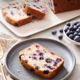 Pinterest graphic of a slice of blueberry bread on a plate with a cut loaf in the background along with a bowl of blueberries.