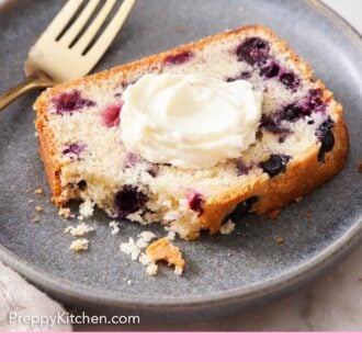 Pinterest graphic of a plate with a slice of blueberry bread with the corner eaten.