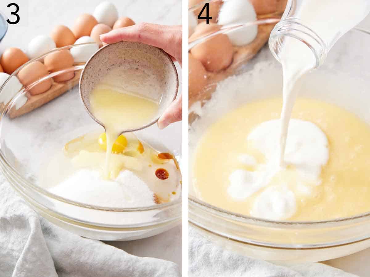 Set of two photos showing wet ingredients added to the bowl.