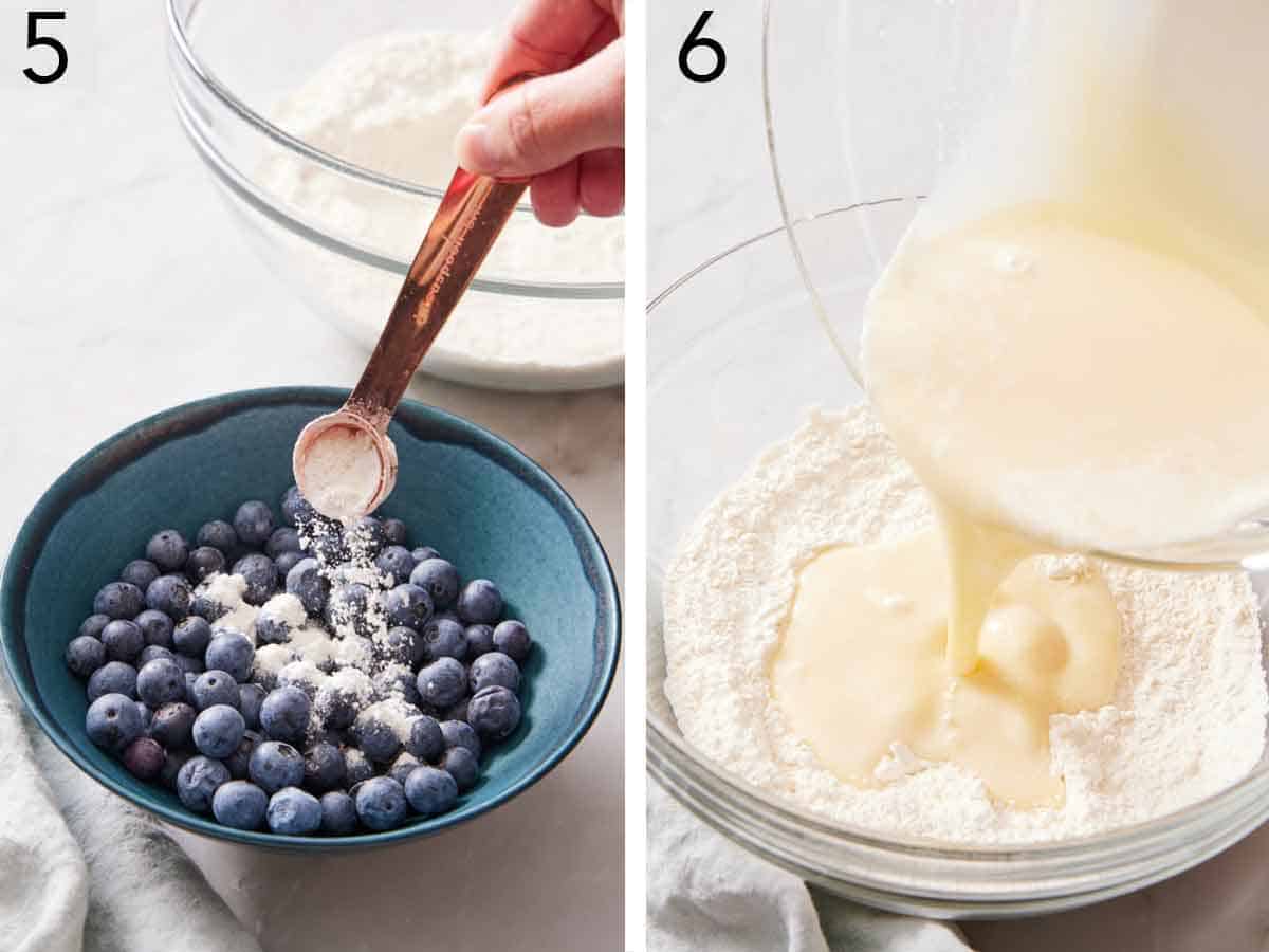 Set of two photos showing flour added to blueberries and the bowl of wet ingredients poured into dry ingredients.