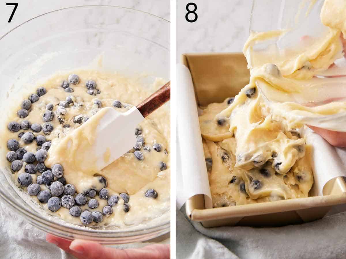 Set of two photos showing flour-coated blueberries added to the batter and then transferred to the baking pan.