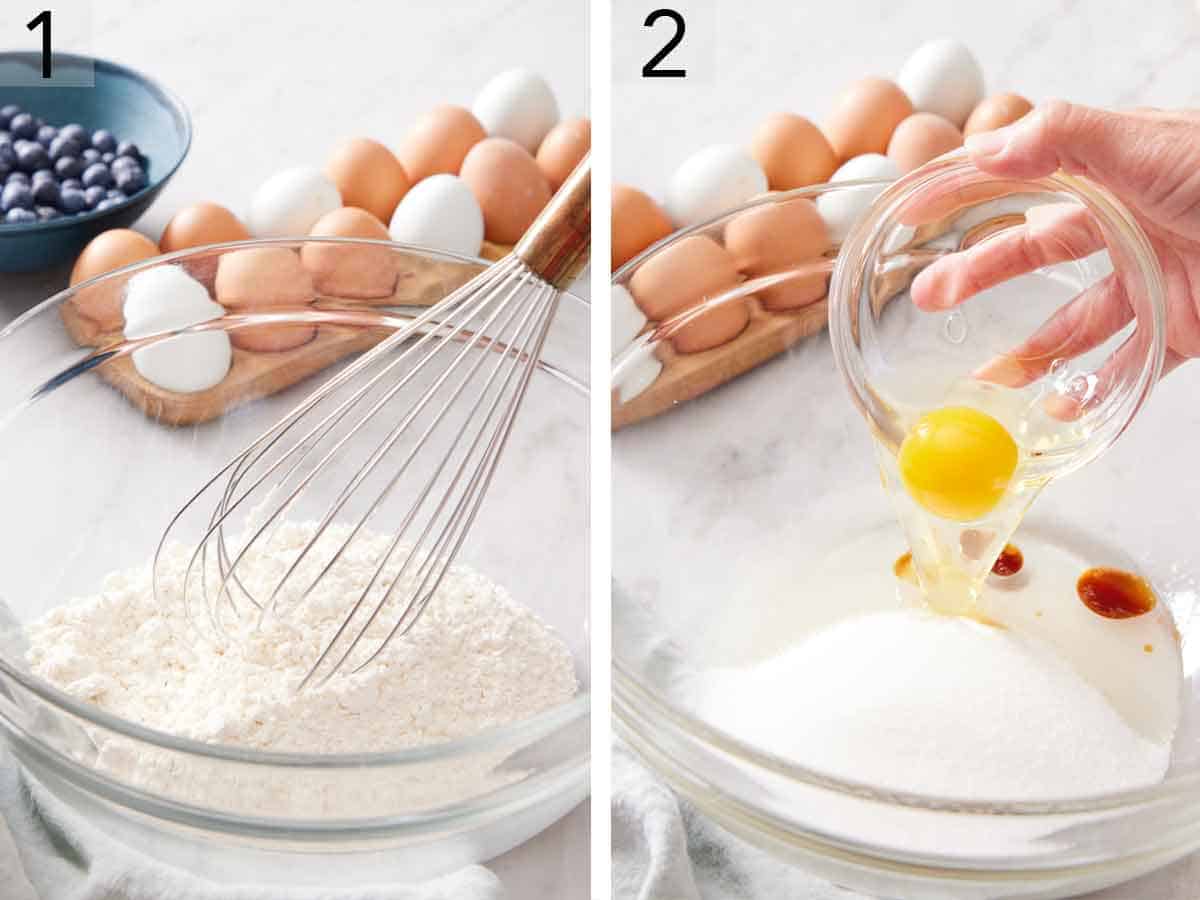 Set of two photos showing dry ingredients whisked and eggs added to a bowl of sugar.