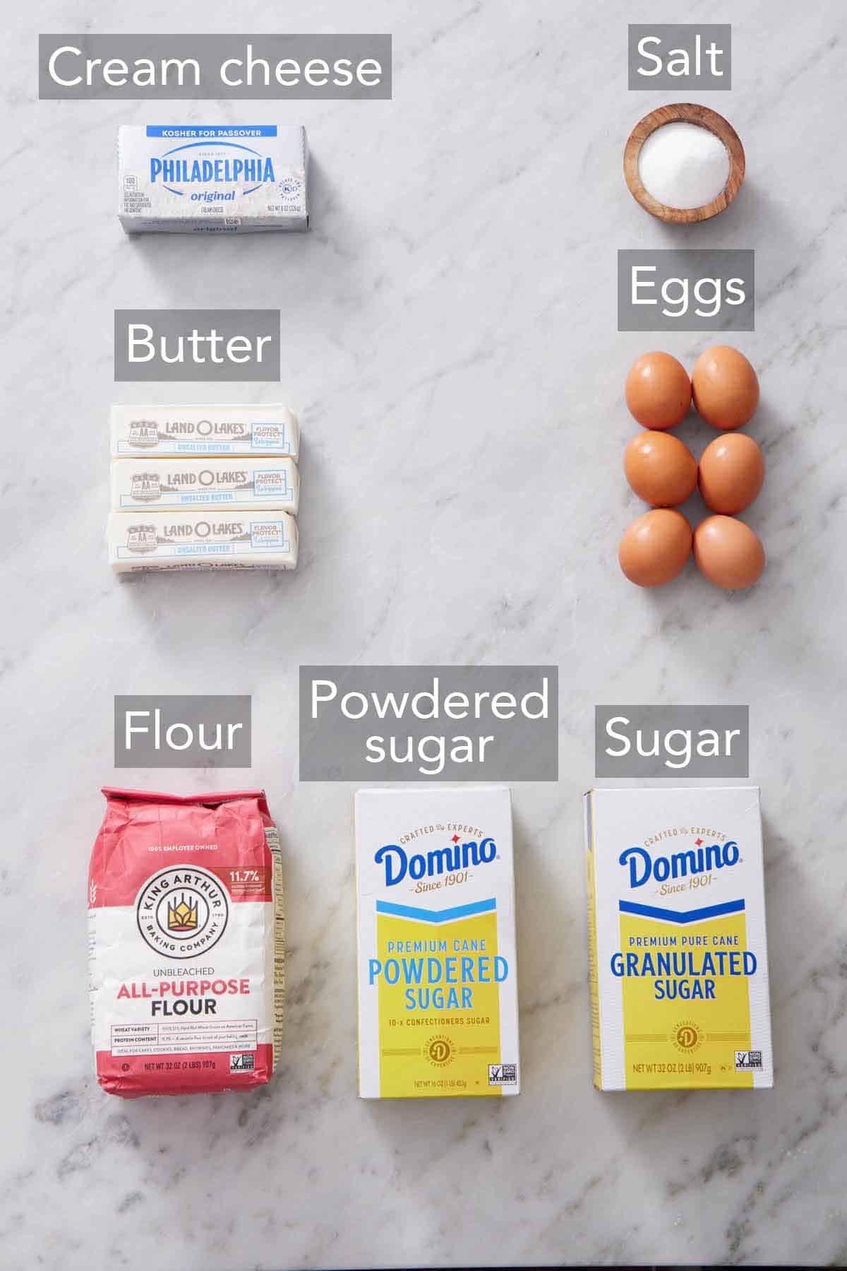 Ingredients needed to make cream cheese pound cake.