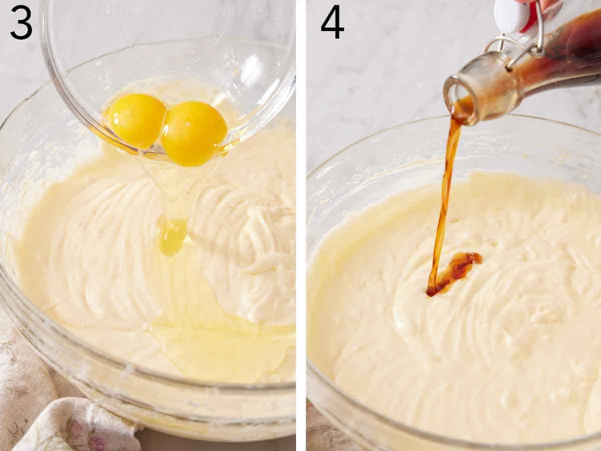 Set of two photos showing eggs and vanilla extract added to the batter.