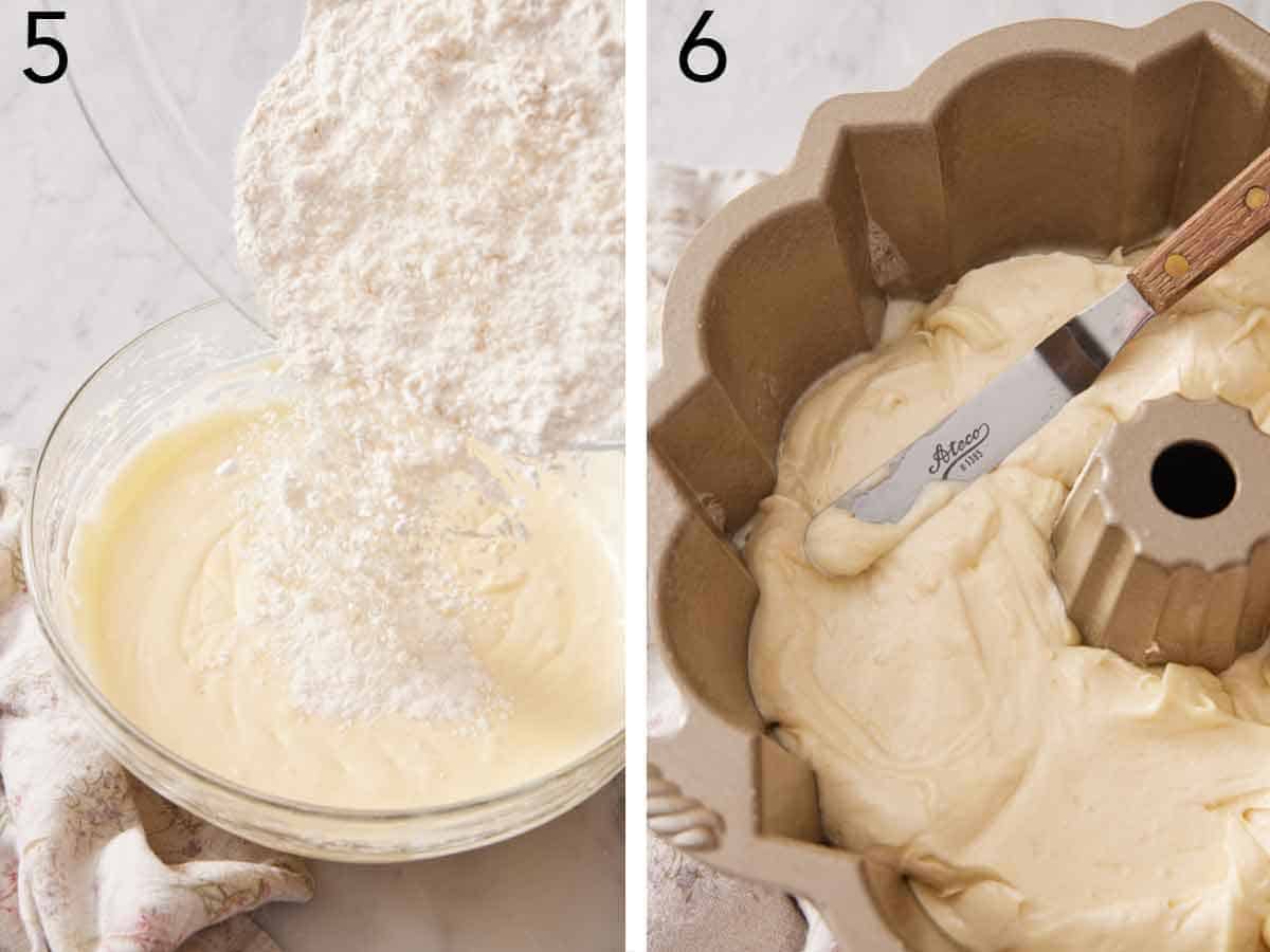 Set of two photos showing flour added to the batter and transferred to a greased bundt pan.