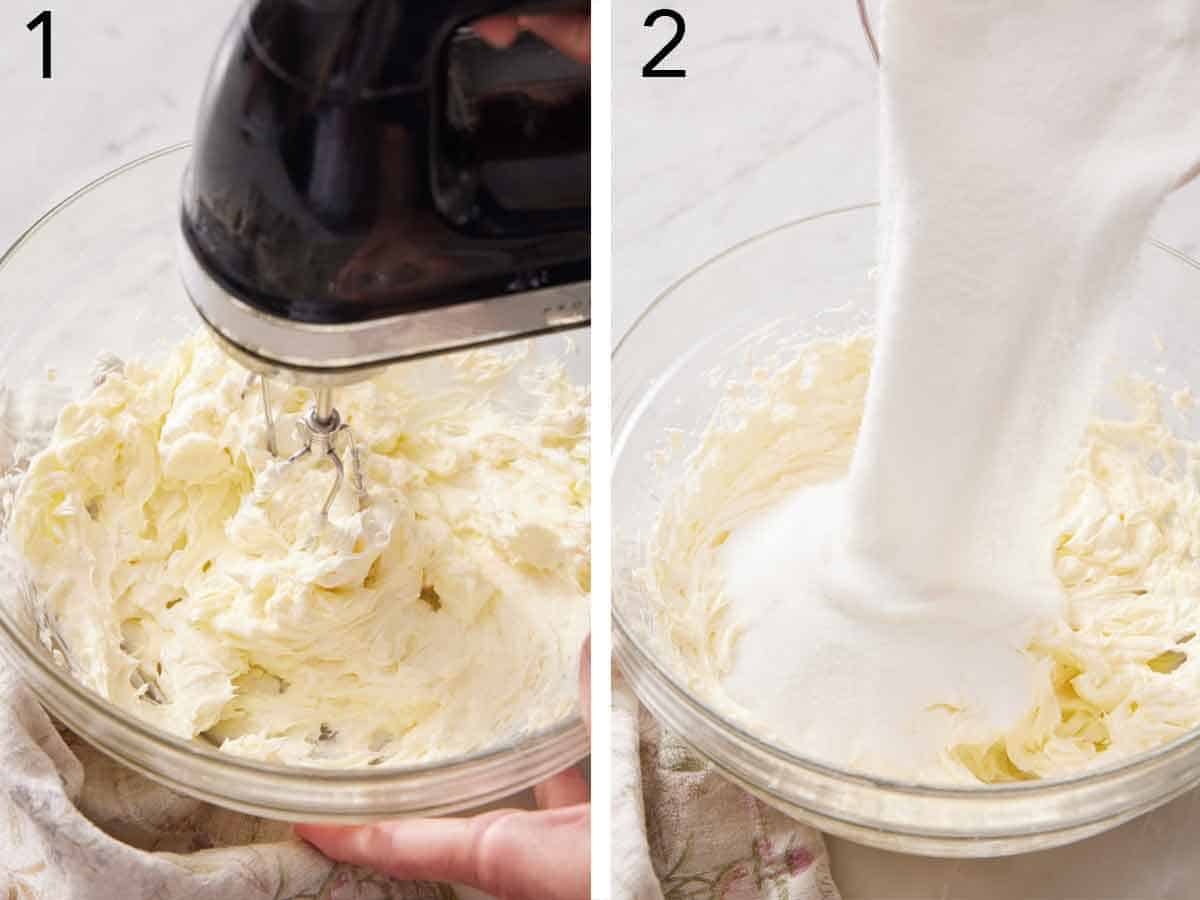 Set of two photos showing cream cheese mixed and sugar added.