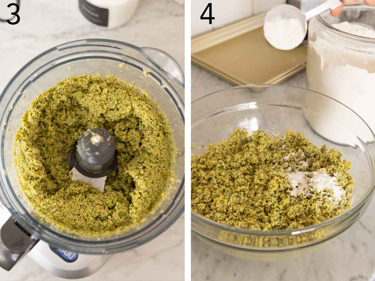 Set of two photos showing filling blended in the food processor and then flour added.