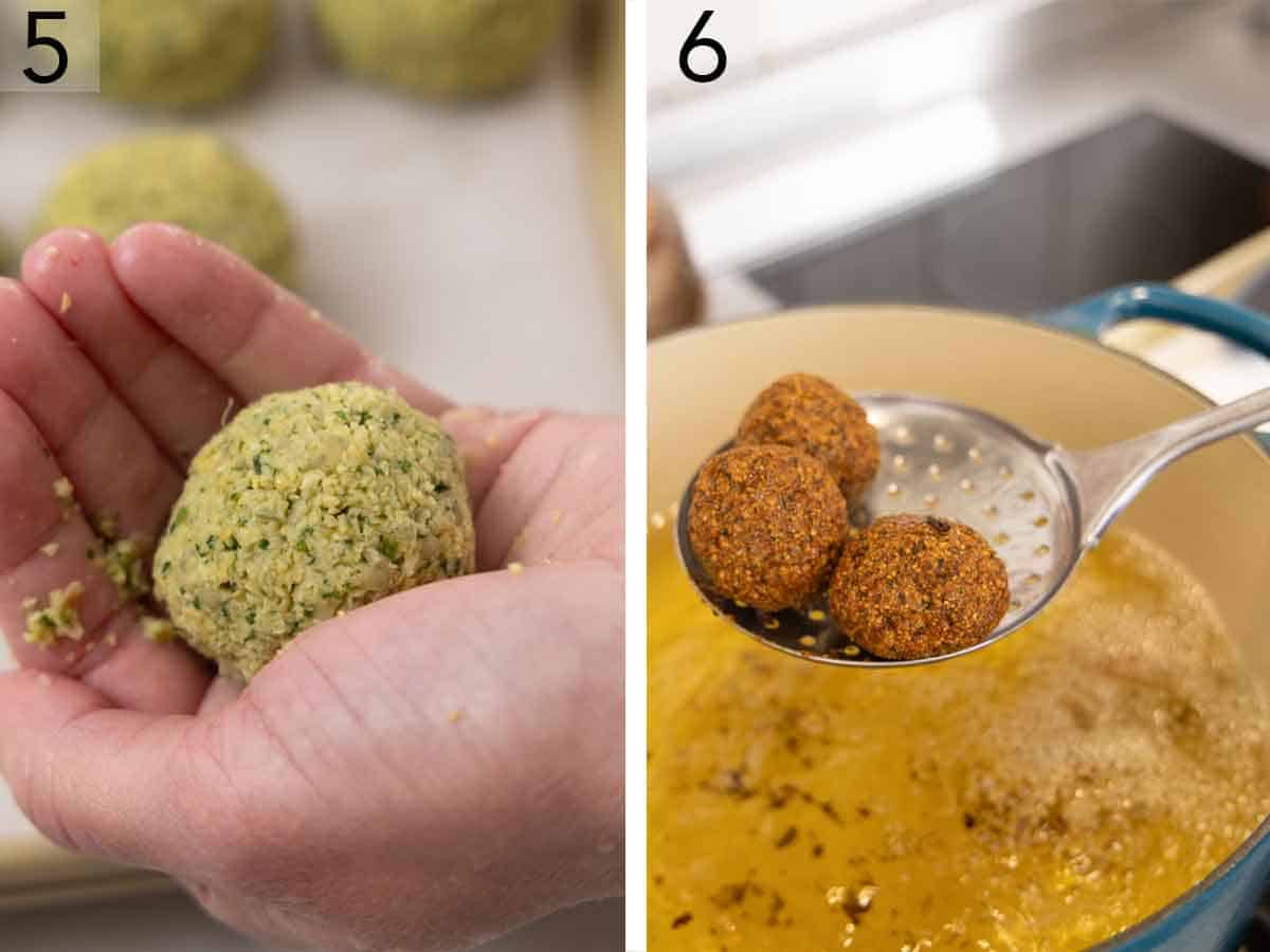 Set of two photos showing mixture rolled in a ball and fried in oil.