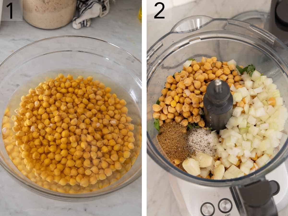 Set of two photos showing dried chickpeas soaked in a bowl and all the ingredients added to a food processor.