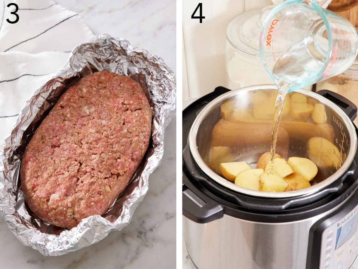 Set of two photos showing the meatloaf wrapped in foil and water added to the instant pot with potatoes inside.