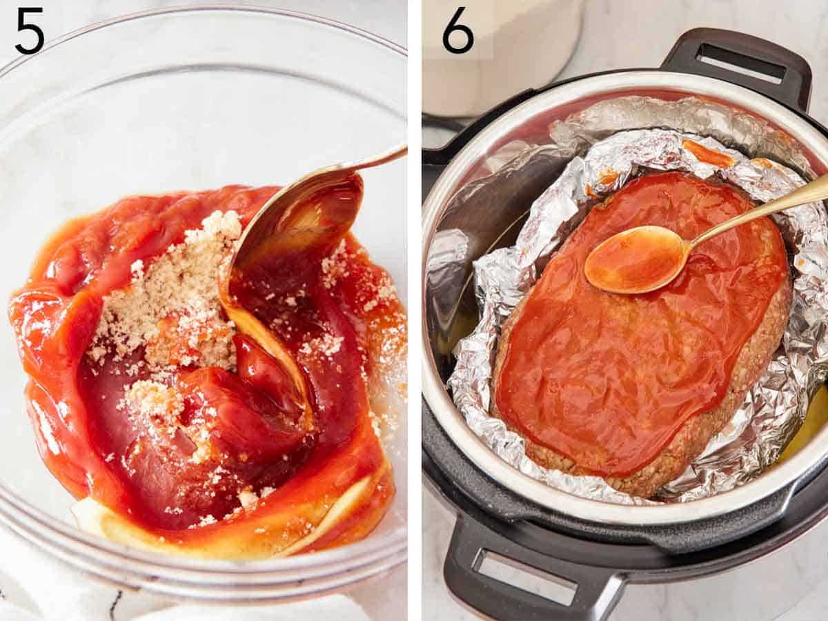 Set of two photos showing the glaze mixed in a bowl and spread over the meatloaf.