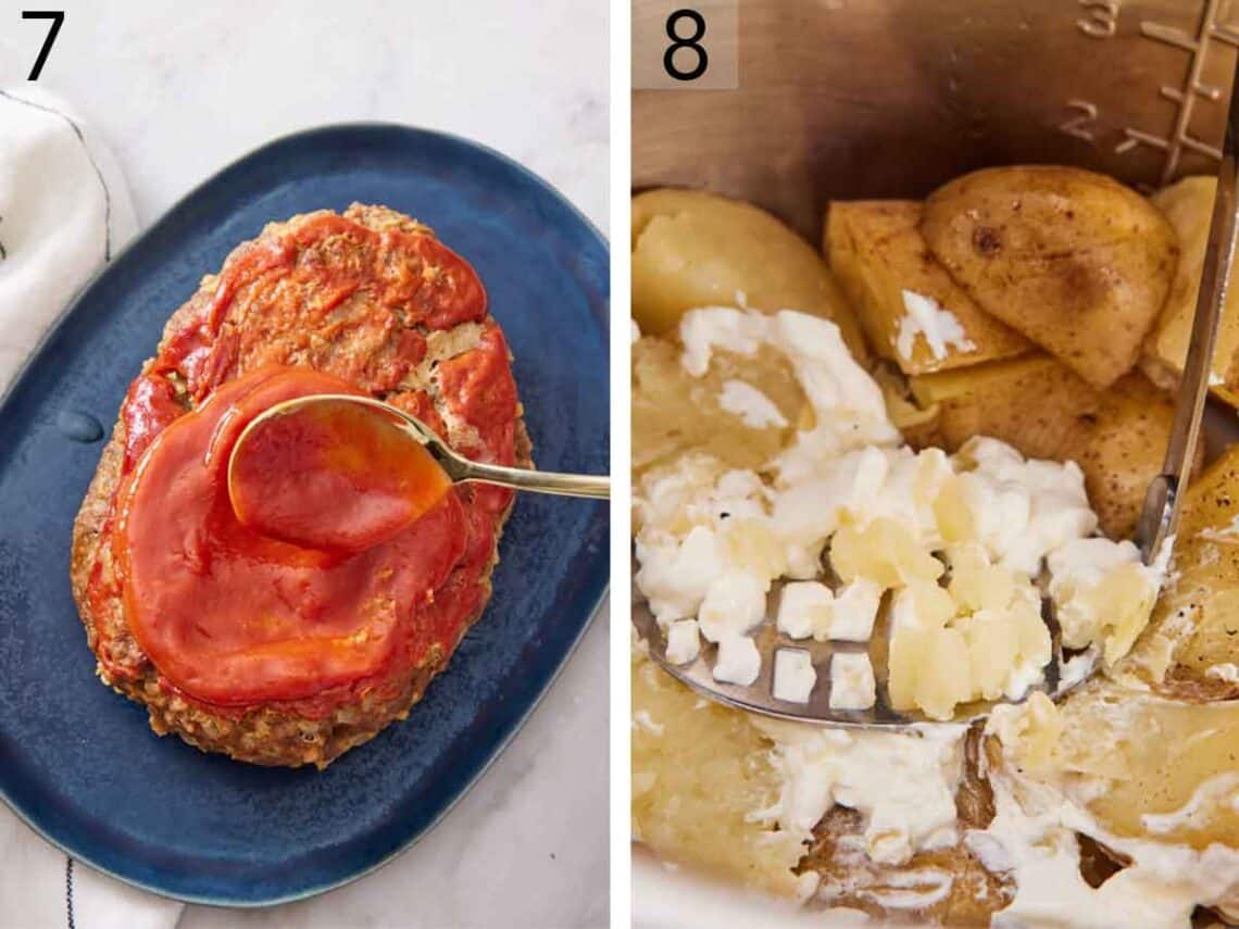 Set of two photos showing more glaze spread over the meatloaf and potatoes mashed.