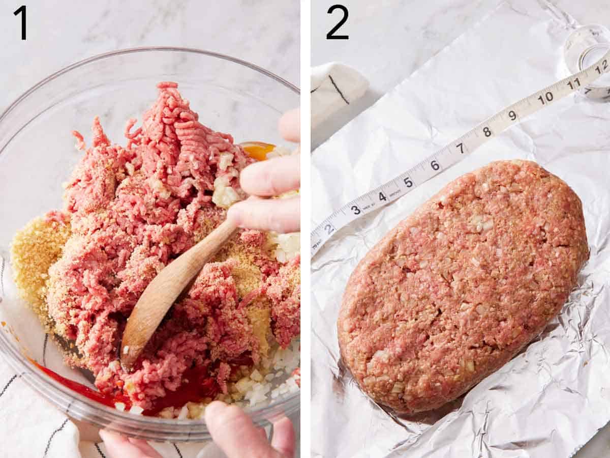 Set of two photos showing meat mixture combined and shaped on foil.