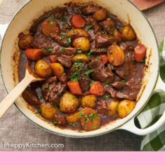 Pinterest graphic of a pot of lamb stew with a spoon.