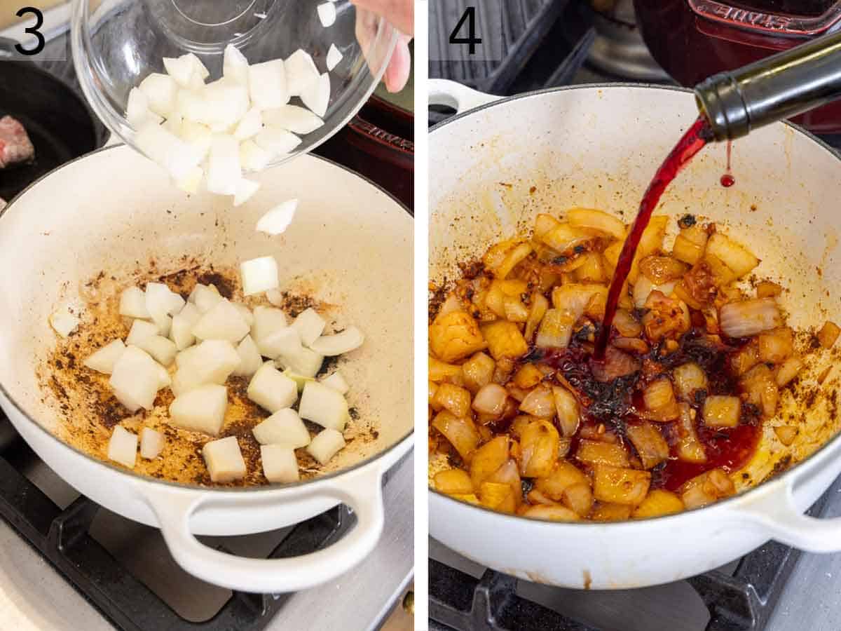 Set of two photos showing onions and red wine added to the pot.