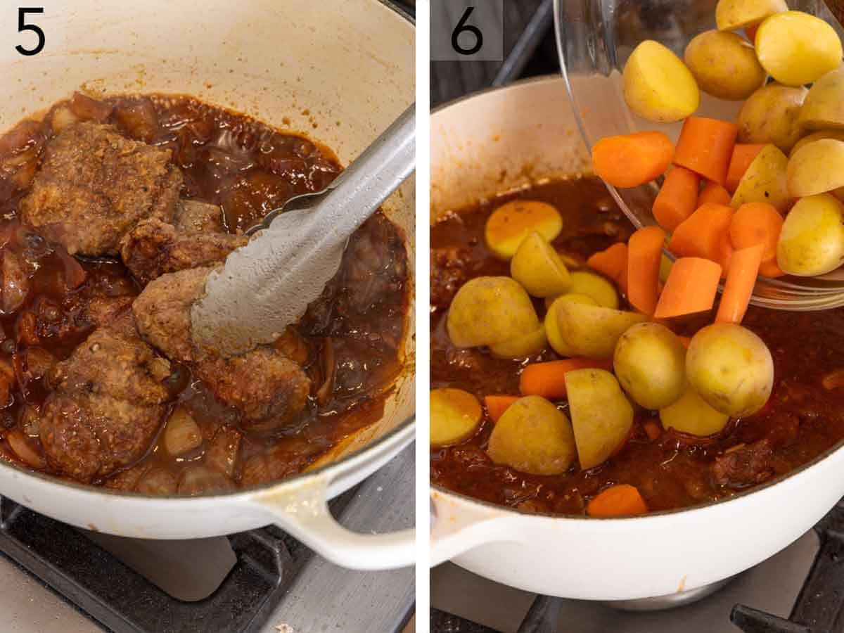 Set of two photos showing seared lamb, carrots, and potatoes added to the pot.