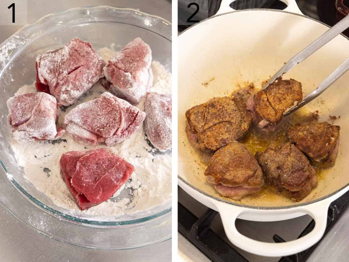 Set of two photos showing lamb shoulder coated in flour and then seared in a pot.