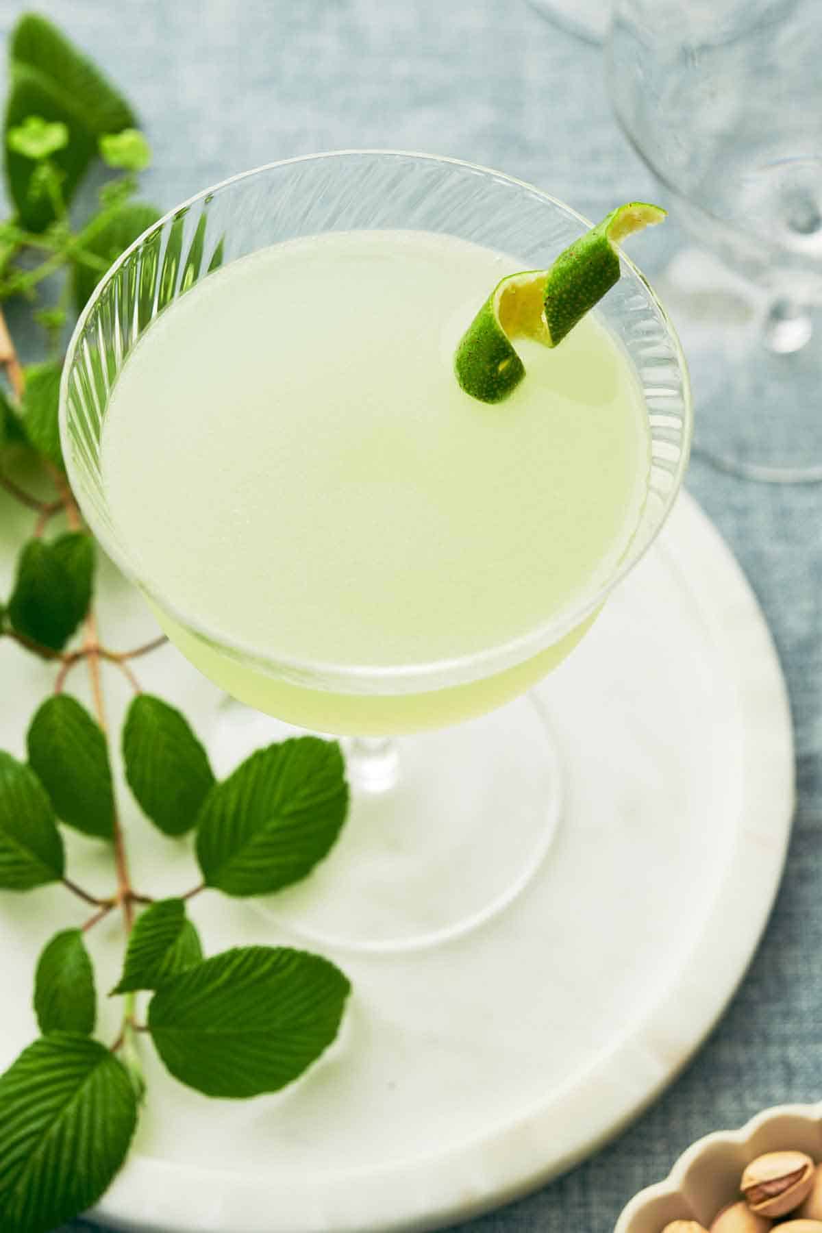 A slightly overhead angle of a glass of Last Word Cocktail with a lime zest garnish on a serving platter with some green leaves.