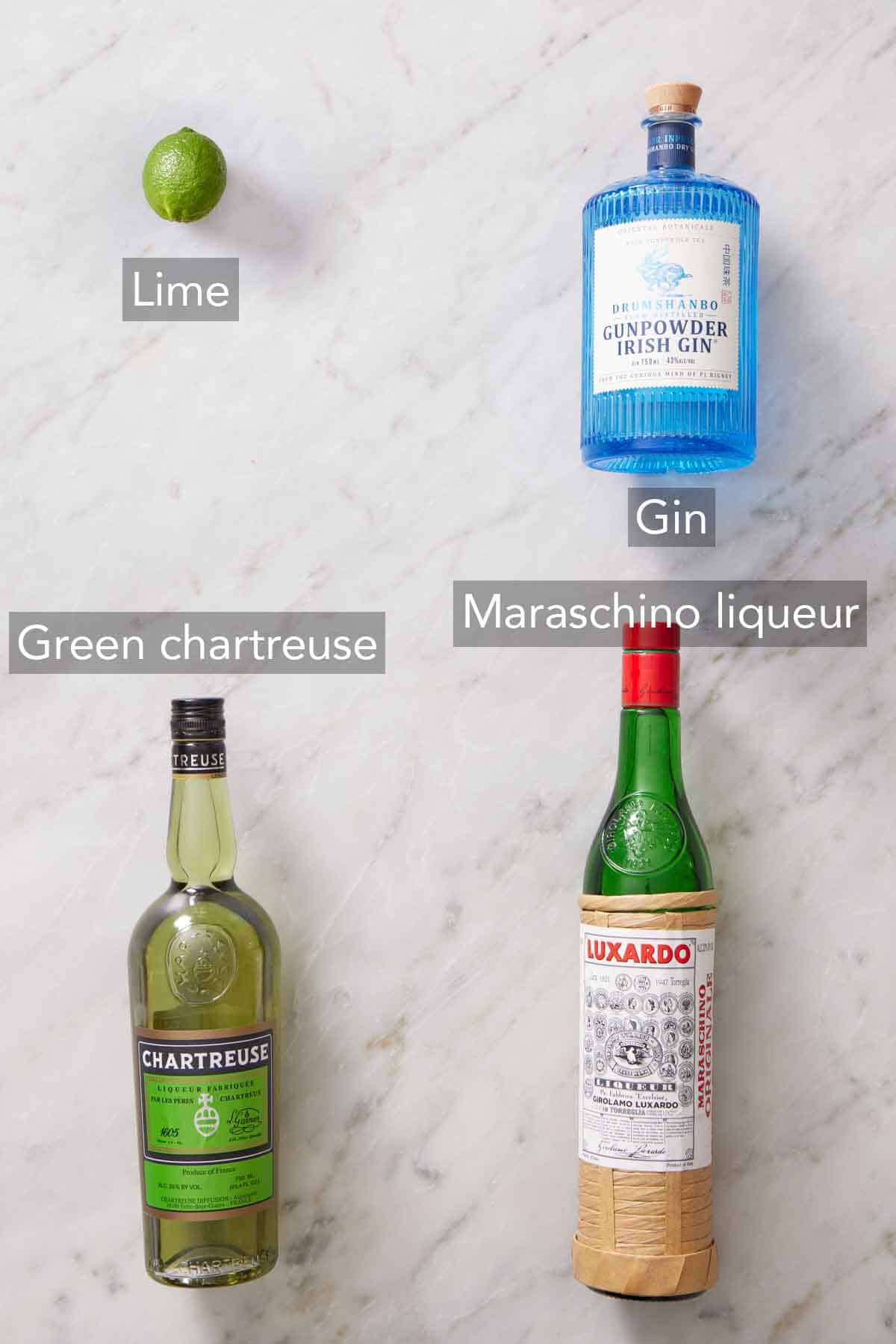 Ingredients needed to make Last Word Cocktail.