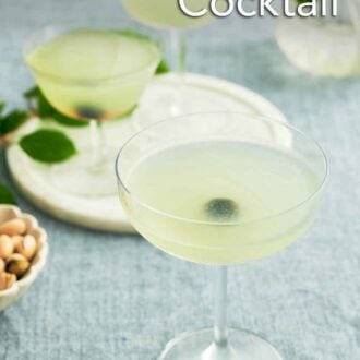 Pinterest graphic of a glass of Last Word Cocktail with two more in the background on a serving platter.