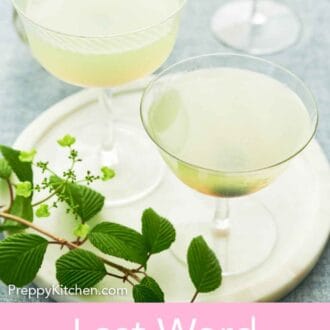 Pinterest graphic of a platter with two glasses of Last Word Cocktail.