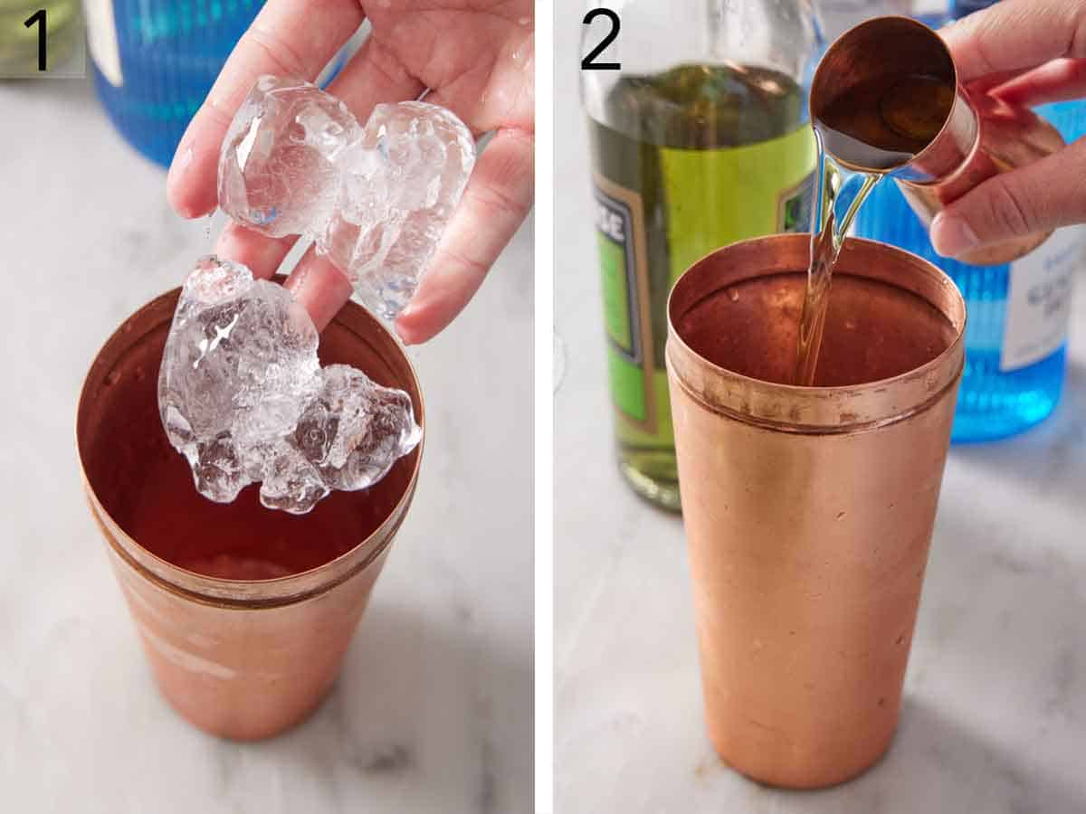 Set of two photos showing ice and green chartreuse poured into a shaker.