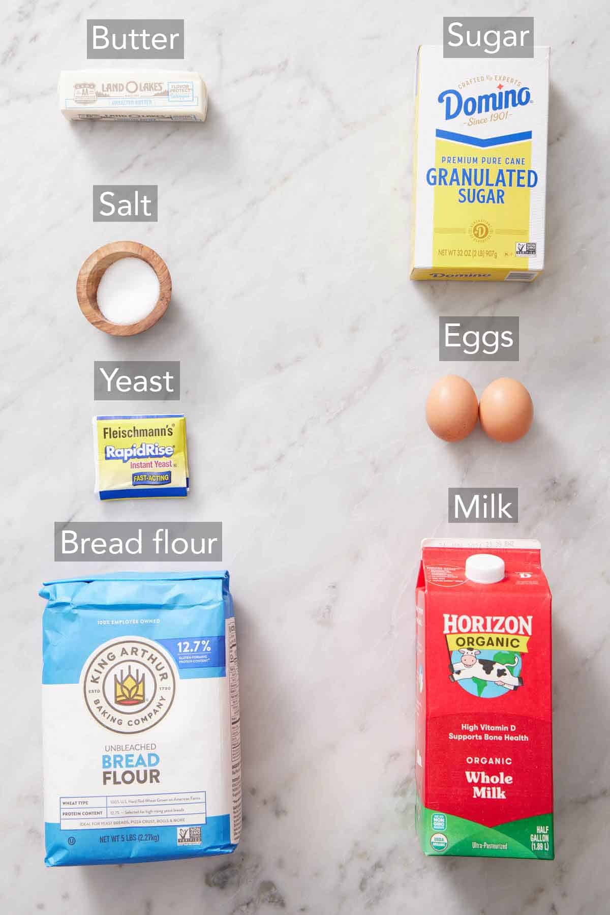 Ingredients needed to make milk bread.