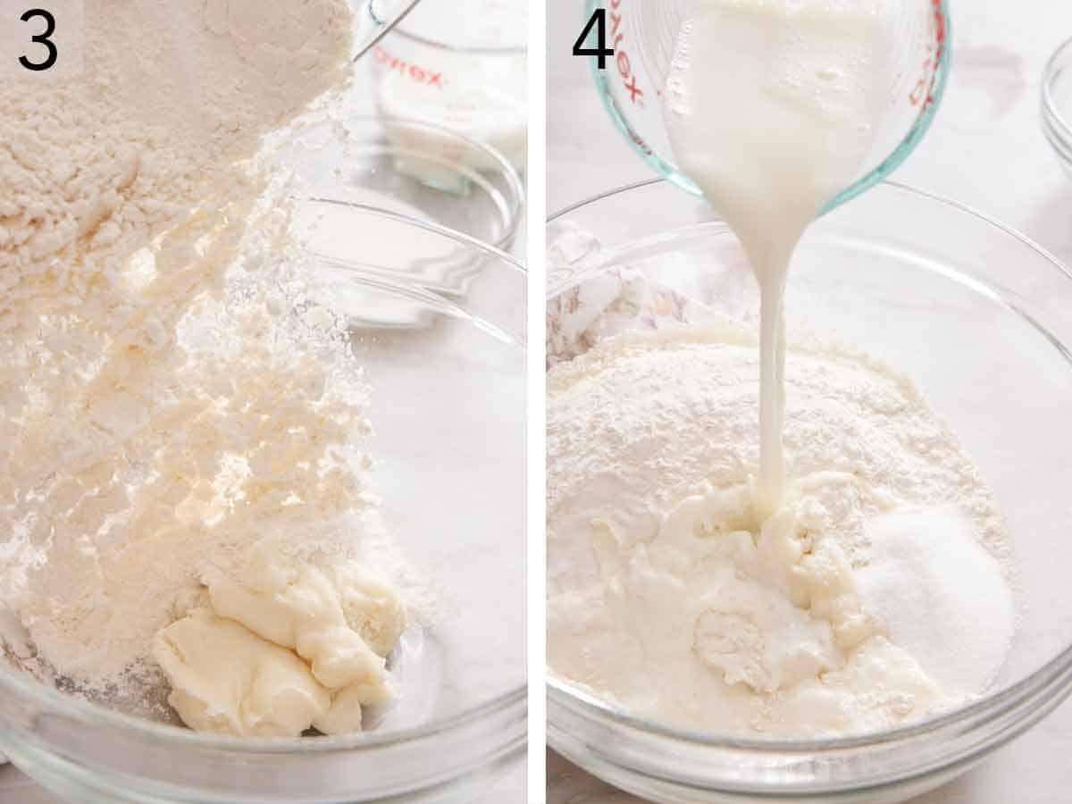 Set of two photos showing flour and milk added to a bowl.