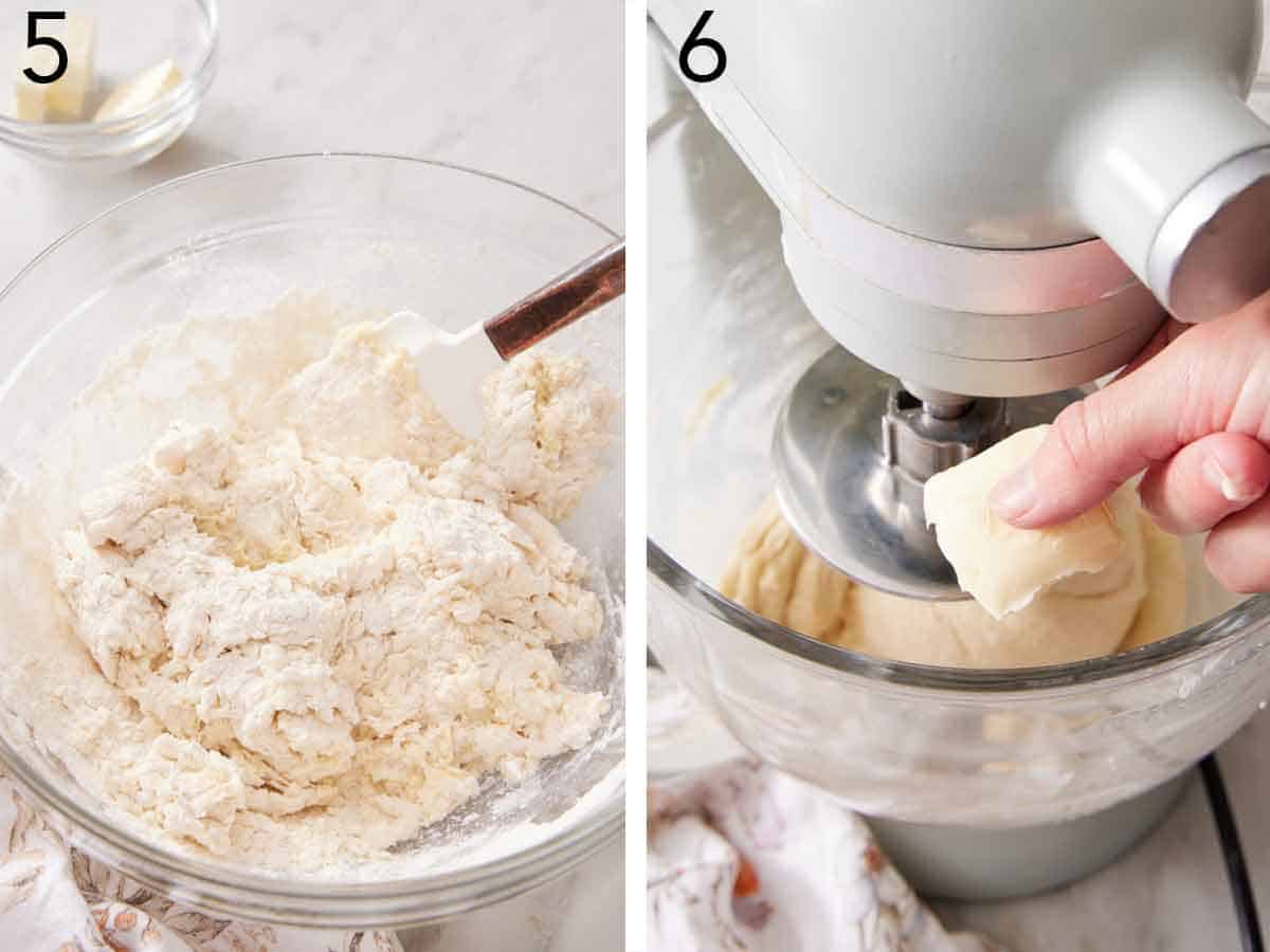 Set of two photos showing batter mixed and then transferred to a mixer where butter is added.