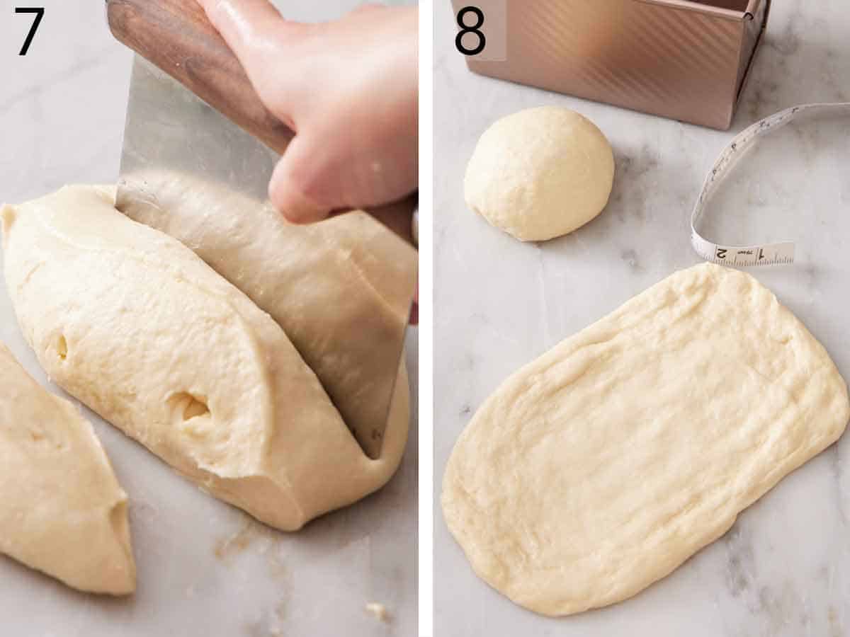 Set of two photos showing dough cut into three and rolled out.