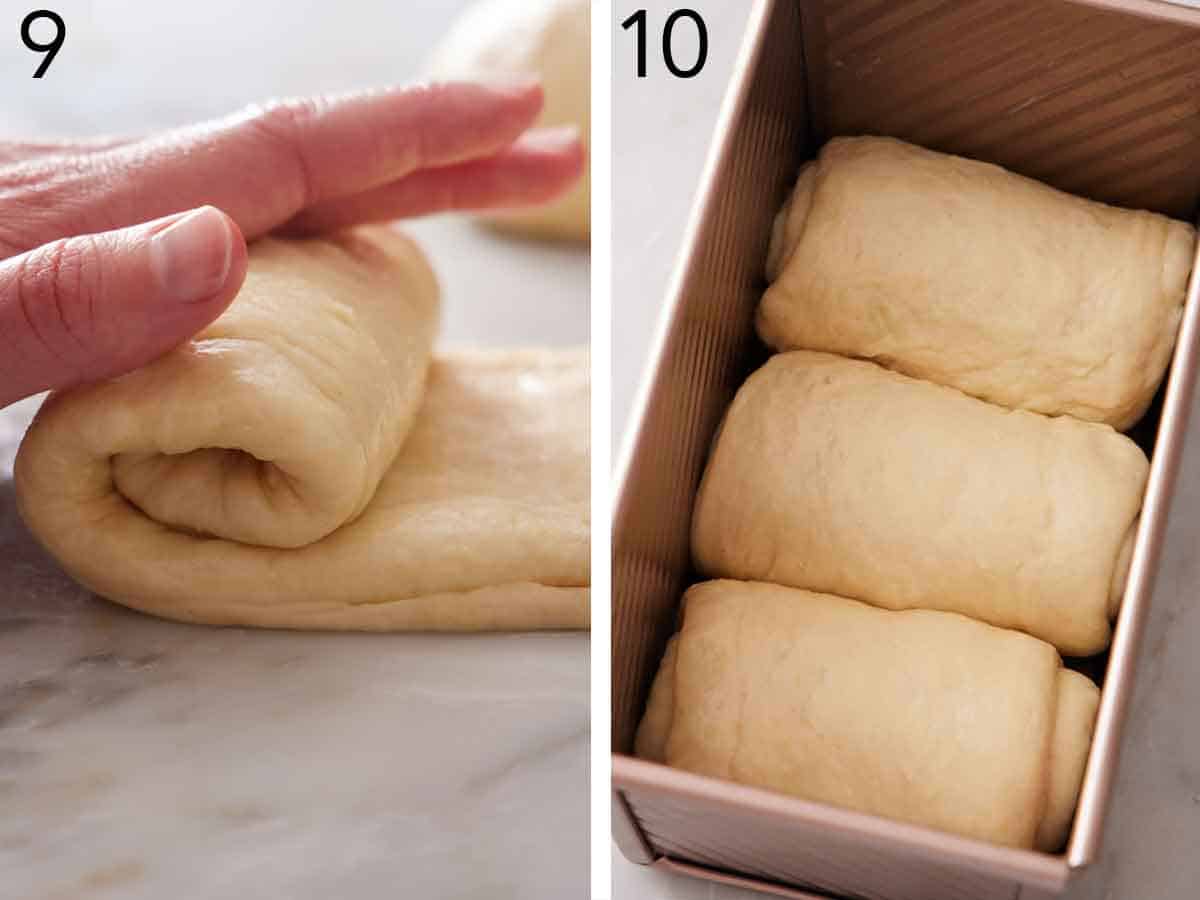 Set of two photos showing dough rolled and placed in a loaf pan.