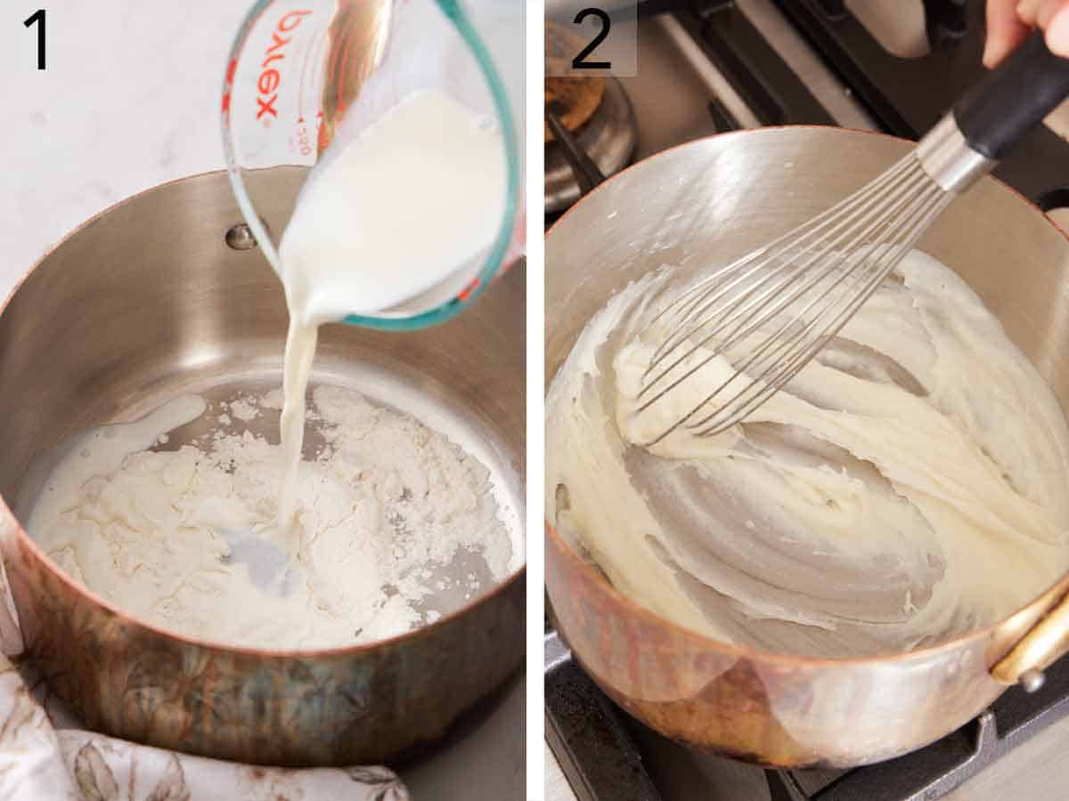 Set of two photos showing milk added to a pot of flour and cooked.