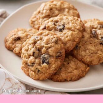 Pinterest graphic of a platter with a pile of oatmeal cookies.