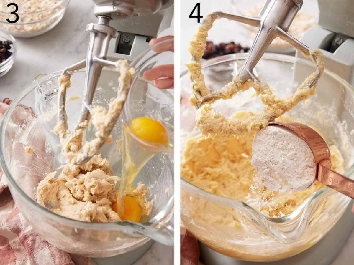 Set of two photos showing eggs and flour added to a mixer.