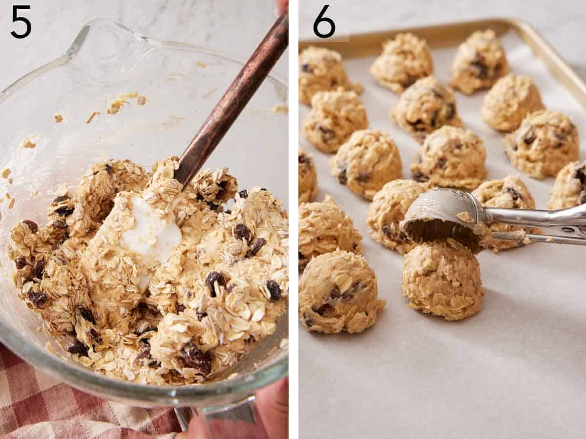 Set of two photos showing batter mixed in a bowl and scooped onto a lined sheet pan.