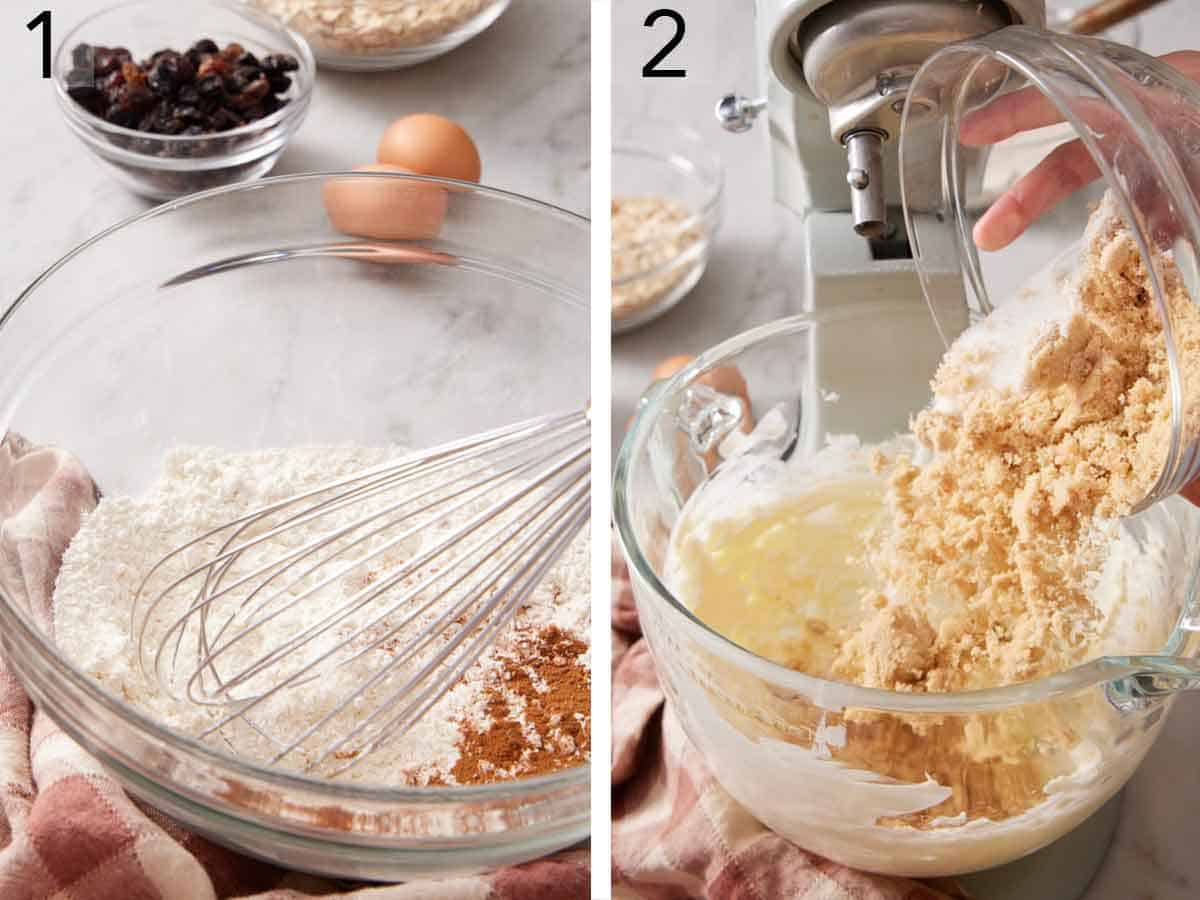 Set of two photos showing dry ingredients whisked and sugars added to a mixing bowl.