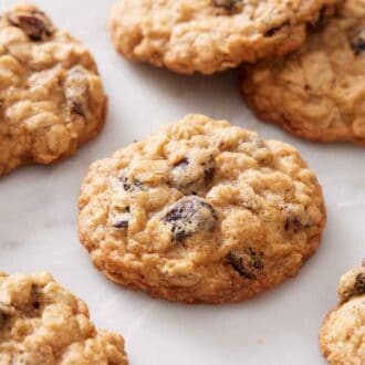 Multiple oatmeal cookies on a marble surface.