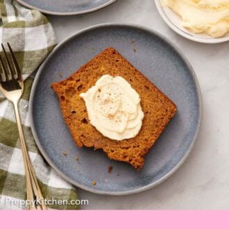 Pinterest graphic of an overhead view of a slice of pumpkin bread, topped with butter.