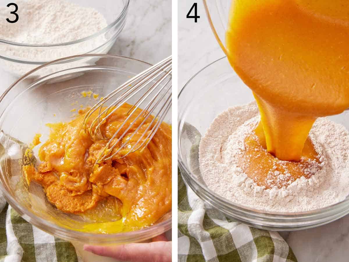 Set of two photos showing wet ingredients whisked and poured into the bowl of dry ingredients.