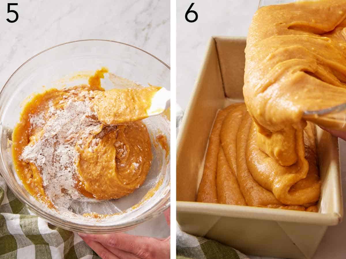 Set of two photos showing butter stirred and poured into a baking pan.