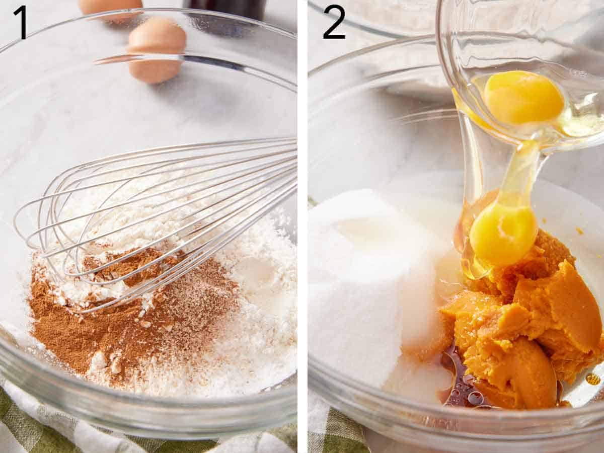 Set of two photos showing dry ingredients whisked in a bowl and wet ingredients added to another bowl.