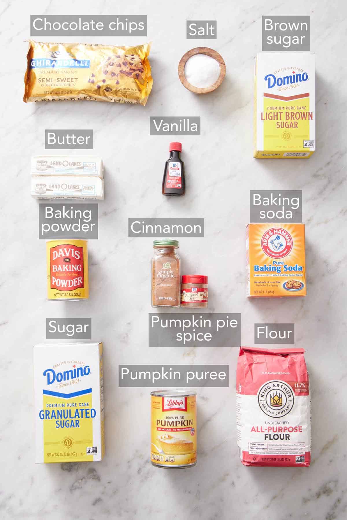 Ingredients needed to make pumpkin chocolate chip cookies.