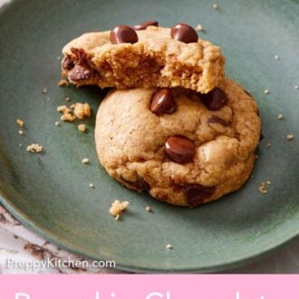 Pinterest graphic of two pumpkin chocolate chip cookies, one on placed on top, half eaten on a green plate.