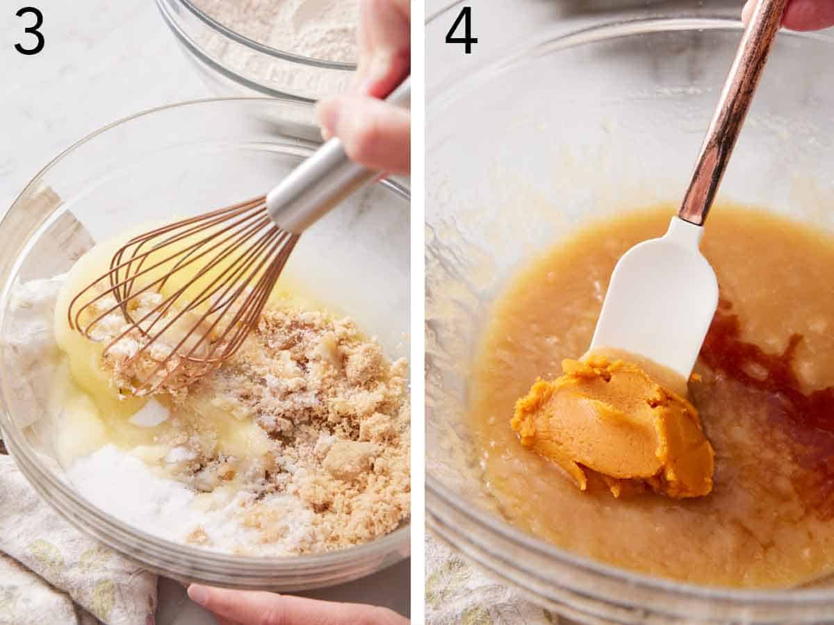 Set of two photos showing wet ingredients whisked and puree added.